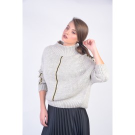 Pulover gri din lână cu bandă metalizată argintie