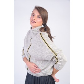 Pulover gri din lână cu bandă metalizată argintie