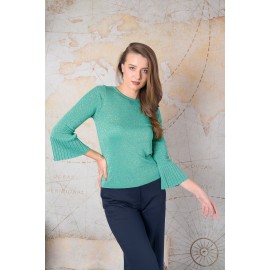 Pulover turcoaz cu lurex și mâneci evazate