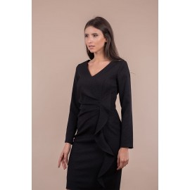 Rochie neagră conica cu volănaș și fronseuri din talie