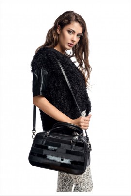 Geantă RENA neagră cu dungi din piele naturală 