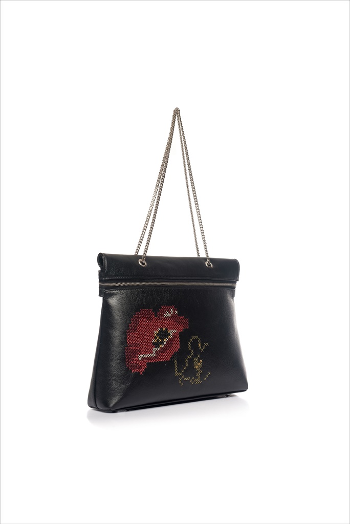 Geantă RENA neagră din piele naturală cu broderie manuală