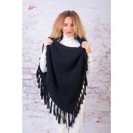 Poncho bumbac negru cu franjuri