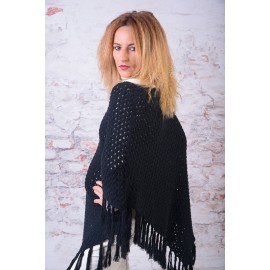Poncho bumbac negru cu franjuri