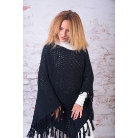 Poncho bumbac negru cu franjuri