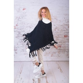 Poncho bumbac negru cu franjuri